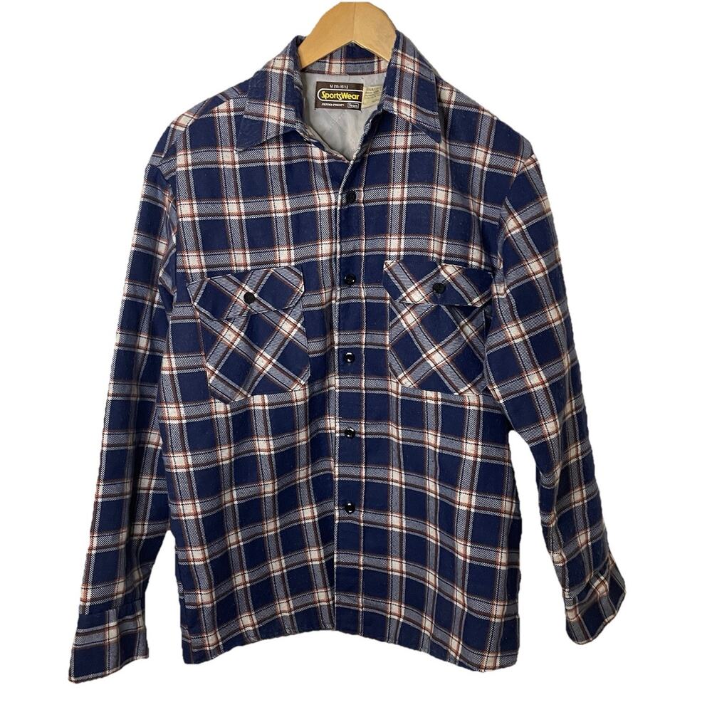Sears Sportswear Quilted Plaid Flannel Shirt Jacket VTG 70s Blue L/White Men Med